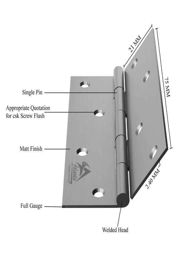 أتلانتيك مفصلات نوافذ أتلانتيك، 3 بوصة × 12 مقياس/سُمك 2.40 مم، مصنوعة من الفولاذ المقاوم للصدأ، بلمسة نهائية غير لامعة، عبوة من 12 قطعة - Image 4
